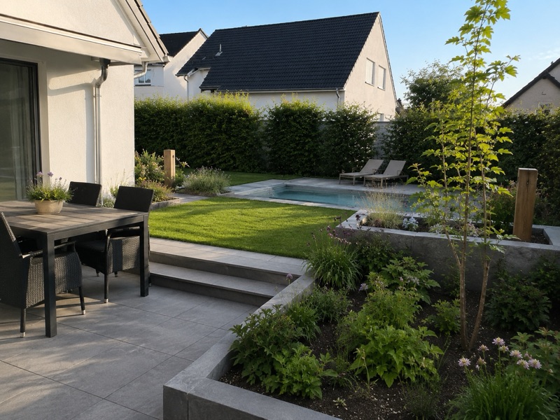 Moderner Privatgarten mit Terrasse und ruhiger Bepflanzung