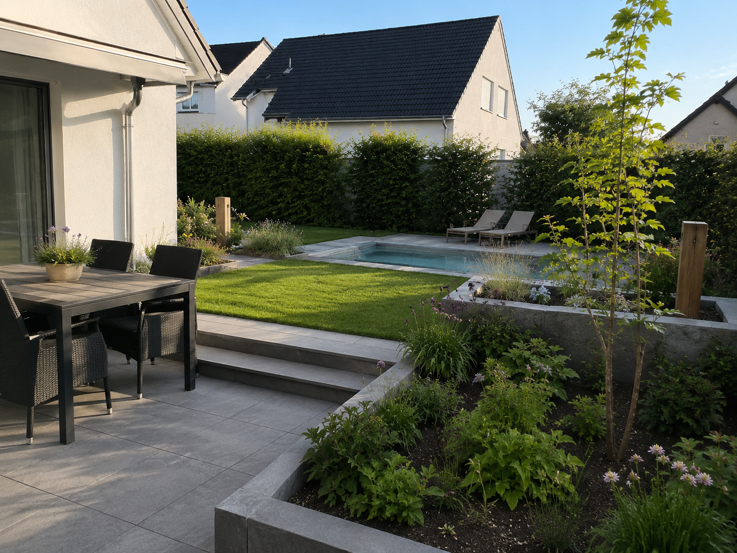 Moderner Privatgarten mit Terrasse und ruhiger Bepflanzung